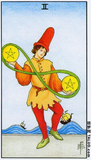 Carta del tarot Dos de Oros con una figura que equilibra dos oros dentro de un lazo infinito