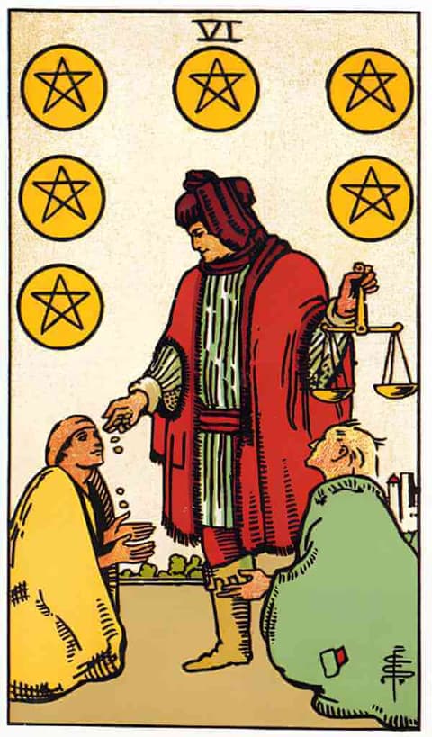 Six of Pentacles tarot card showing a standing figure distributing coins to people in need