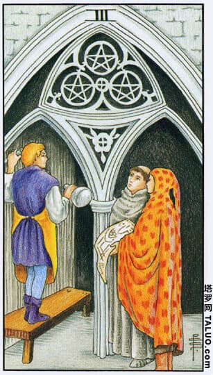 Three of Pentacles tarot card showing builders working together inside a cathedral