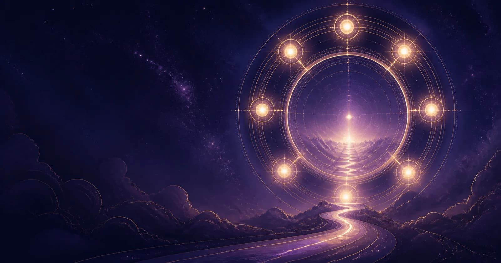 A symbolic purple and gold celestial gateway representing a reflective numerology journey