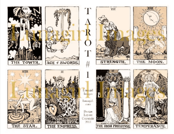 Vintage tarot cards including The Tower, Ace of Swords, and other Major Arcana